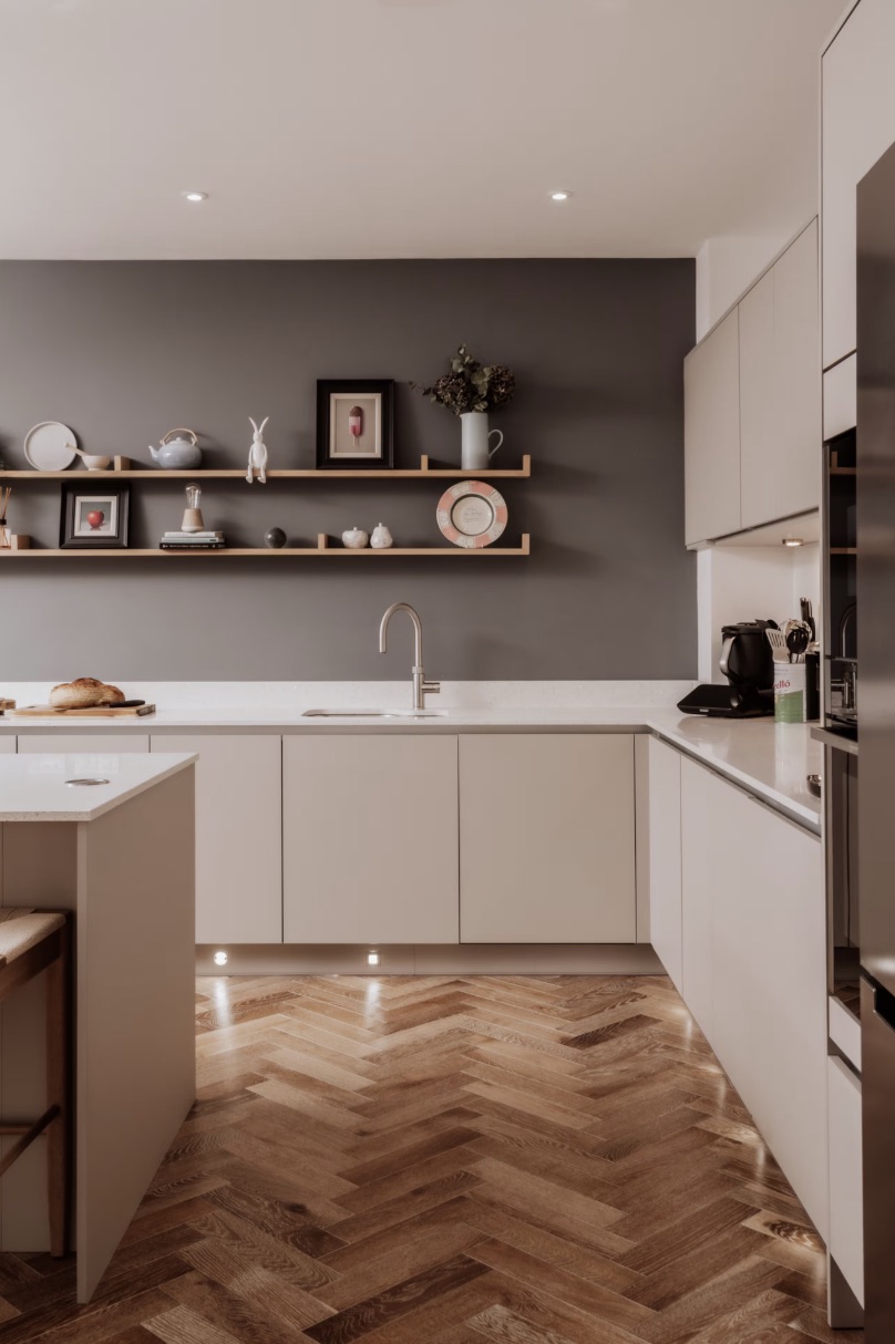 Kitchen with herringbone flooring